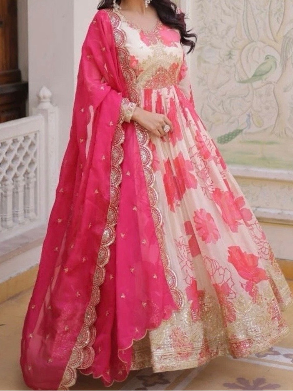 Indian Pink Floral Anarkali Gown with Dupatta | Embroidered Russian Silk Salwar